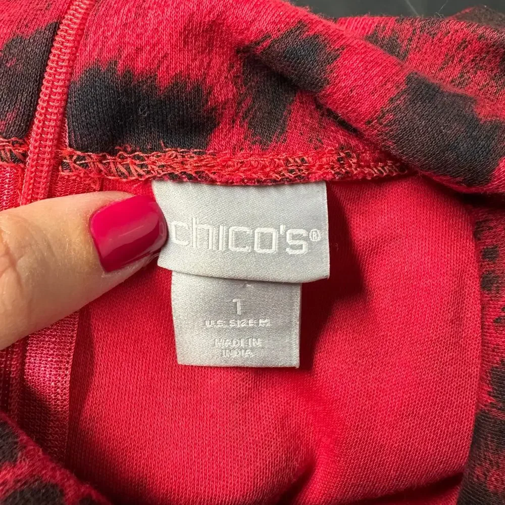 Chicos Womens Red Black Animal Print Mock Neck Long Sleeve Top Size 1/Medium/8 - Picture 6 of 10